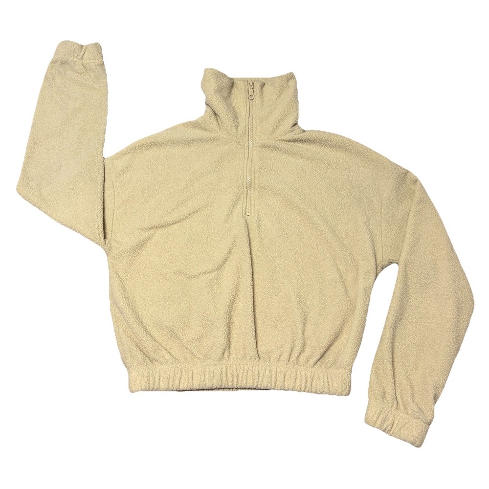 Urban Outfitters Cropped Fleece 1/4 Zip Pullover Sweatshirt Cream S/P Streetwear